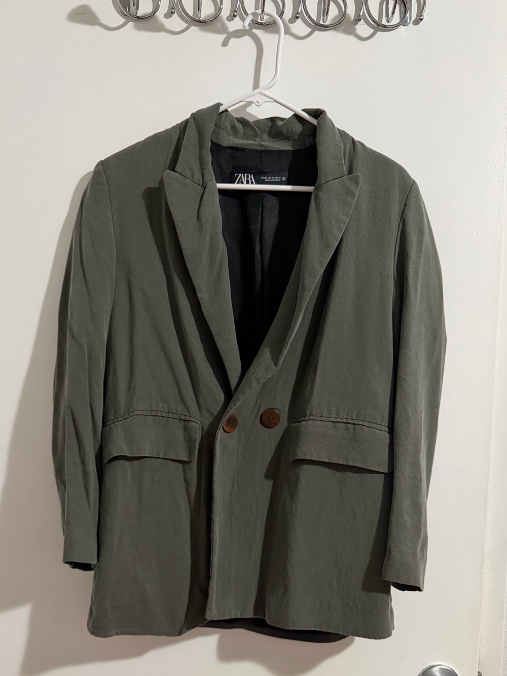 ZARA Olive Green Double-Breasted Blazer – Size XS